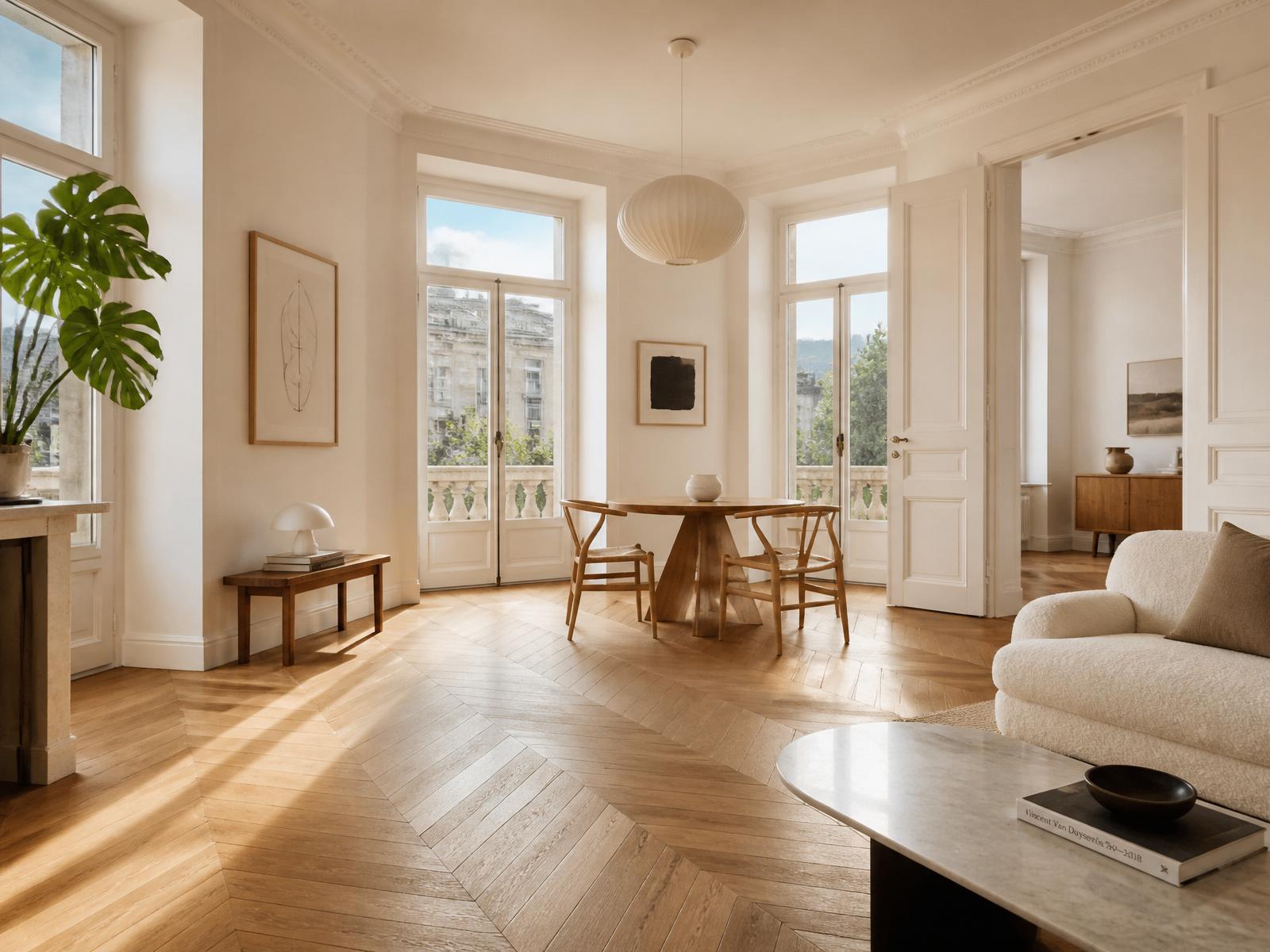 Salon avec parquet en chevrons restauré