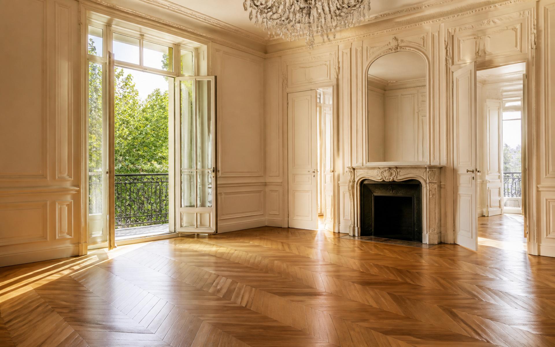 Salon avec parquet en chevrons fraîchement rénové